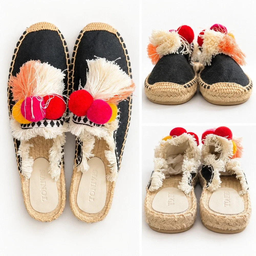 Toni Vis Black Espadrille Mules Womens Size 11 Pom Pom Tassel Fringed Boho Shoes